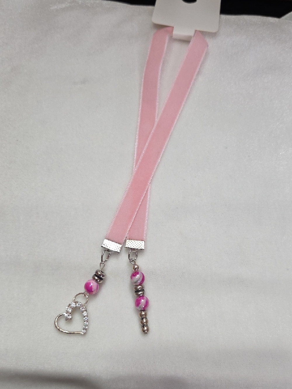 Handmade Light Pink Velvet Ribbon Beaded Bookmark Silver Heart Charm Handcrafted